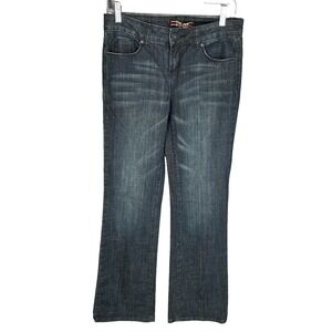 Makers Jeans Womens 27 Blue Flare Trouser Stretch Mid Rise Dark Wash Flap Pocket